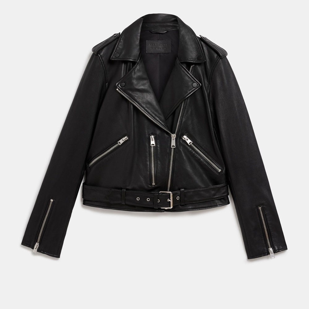 All Saints Black Balfern Belted Hem Leather Biker Jacket Size 2 - Picture 9 of 13